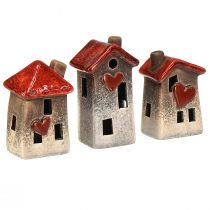 Produkt Romantyczne domy ceramiczne z motywem serca – czerwień i naturalne odcienie, 11cm – pięknie zaprojektowana dekoracja zimowa – 3 szt.