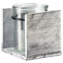 Produkt Szklany świecznik typu tealight w rustykalnej drewnianej ramie – szaro-biały, 10x9x10cm – Urocza dekoracja stołu