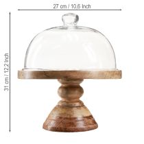 Produkt Drewniany talerz ze szklaną kopułą, ozdobny szklany dzwonek, Ø27cm H31cm
