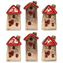 Produkt Domek ceramiczny z czerwonym oknem dachowym i sercem - 6 cm - Idylliczna dekoracja do domu i ogrodu - 6 szt