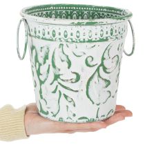 Produkt Doniczki metalowe z uchwytami, doniczki z tłoczeniem, białe, zielone, shabby chic, wys. 20,5/18,5/16 cm, Ø 25,5/20,5/15,5 cm, zestaw 3 szt.