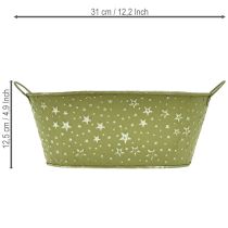 Produkt Miska metalowa owalna z gwiazdkami i uchwytami, zielona, 31×16 cm, wys. 12,5 cm
