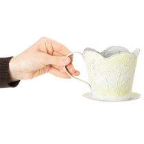Produkt Doniczka, dekoracyjny uchwyt na filtr do kawy, metalowy kubek do sadzenia, zielono-biała dekoracja kwiatowa, styl shabby chic, wys. 11 cm, Ø11 cm