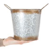 Produkt Metalowa doniczka, misa na kwiaty, doniczka ze srebrnymi uchwytami, wykończenie ze stali patynowanej, Ø18 cm, wys. 20 cm