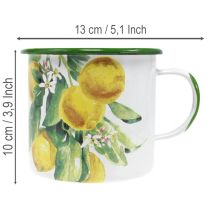 Produkt Doniczka emaliowana, dekoracyjna z gałązką cytryny, styl śródziemnomorski, Ø9,5 cm, wys. 10 cm