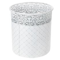 Produkt Doniczka z koronkowym wzorem, metalowy pojemnik, ozdobne wiaderko, biały, srebrny, shabby chic, wys. 28/25,5/23,5 cm, Ø 29,5/25,5/20 cm, zestaw 3 szt.