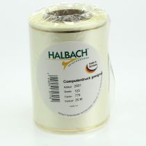 Produkt Kremowa wstążka do wieńca ze złotą krawędzią, supersatynowa, szerokość 125 mm, długość 25 m – wodoodporna, idealna do druku komputerowego i przyjazna dla środowiska