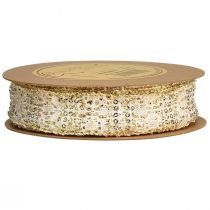 Produkt Wstążka koronkowa biała ze złotymi akcentami Wstążka dekoracyjna koronkowa 25mm 15m