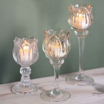 Produkt Szklany świecznik typu tealight, dekoracyjny w kształcie kwiatu, nadający stylowy nastrój, 17 cm