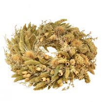 Produkt Dekoracyjny suszony wianek z ostrożni i prosa w kolorze żółto-oliwkowo-zielonym, naturalny styl rustykalny, Ø28 cm, uniwersalna dekoracja ściany i stołu