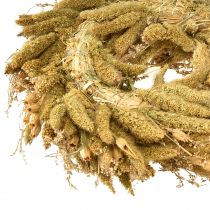 Produkt Dekoracyjny suszony wianek z ostrożni i prosa w kolorze żółto-oliwkowo-zielonym, naturalny styl rustykalny, Ø28 cm, uniwersalna dekoracja ściany i stołu