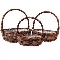 Produkt Zestaw rustykalnych koszy wiklinowych z uchwytami – 3 rozmiary (36 cm, 31 cm, 26 cm) – Wszechstronne przechowywanie i dekoracja – Zestaw 3 szt.