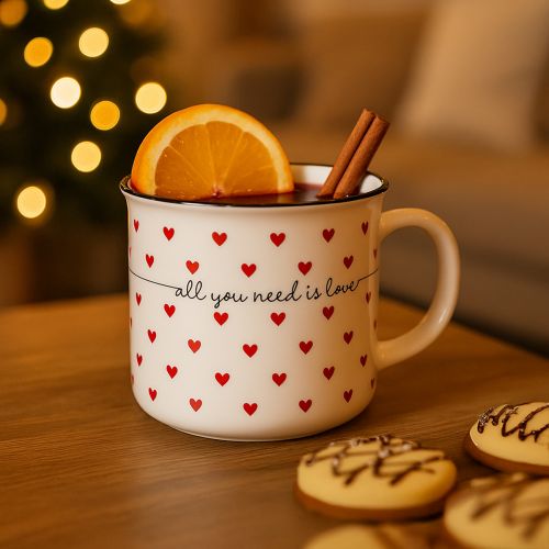 Floristik24 Kubek ceramiczny z serduszkami biało-czerwony Ø9cm H9cm