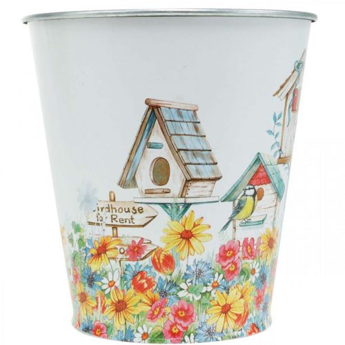 Produkt Metalowa doniczka z motywem, donica z budkami dla ptaków, wiadro blaszane wys.13cm Ø11,5cm