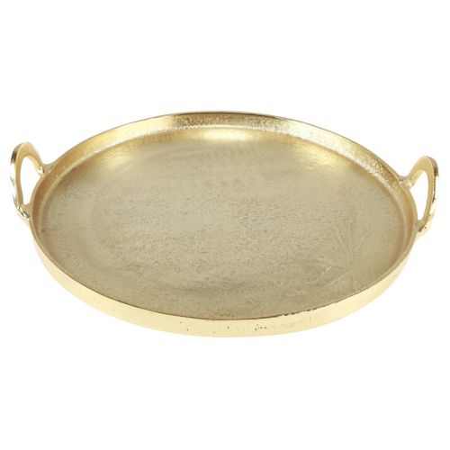 Produkt Taca okrągła, metalowa w kolorze złotym z uchwytem 38×35×6,5cm