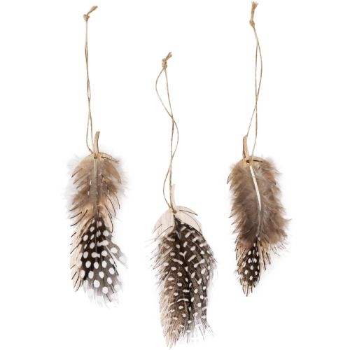 Produkt Dekoracyjna zawieszka z piórkiem drewniana z piórkiem naturalnym 9,5/10cm 9 szt
