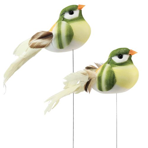 Produkt Ptaszek z piórami na drucie Ptaszek dekoracyjny z piórami zielony pomarańczowy 4cm 12szt