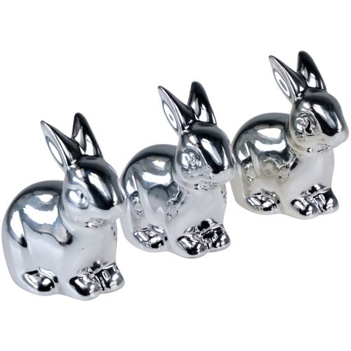 Floristik24 Królik srebrny siedzący ceramiczny metalowy wygląd 8,5 cm 3 szt