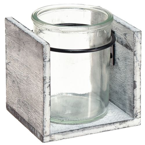 Produkt Świecznik na podgrzewacze ze szkła w rustykalnej drewnianej ramie - szaro-biały, 10x9x10cm - urocza dekoracja stołu 3 sztuki