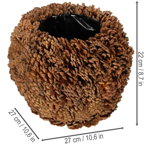 Dekoracyjna donica z szyszkami sosnowymi, naturalny wygląd, 27 cm. Okrągła donica w kształcie szyszki sosnowej, w kolorze naturalnego brązu, wykonana z szyszek sosnowych, 27 cm x 22 cm. | Floristik24.pl