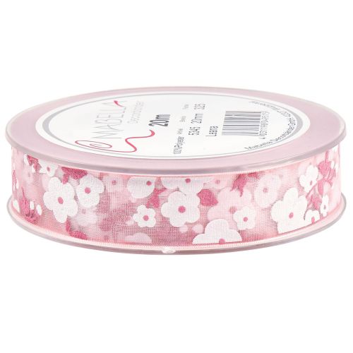 Produkt Wstążka z organzy różowa z kwiatami Wstążka prezentowa 20mm 20m