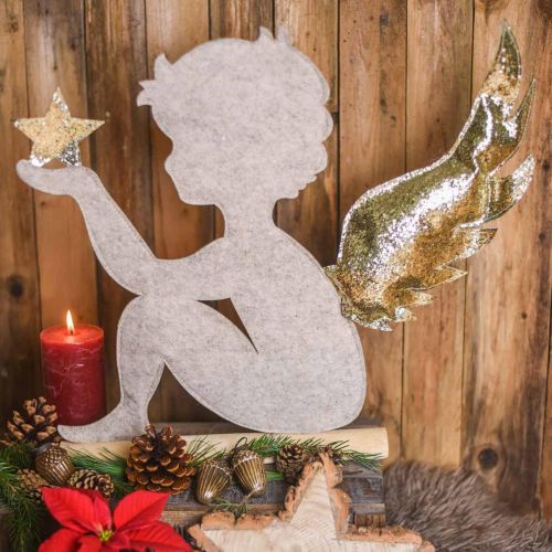 Floristik24 Aniołek bożonarodzeniowy stojący na pniu brzozy filc kremowy, złoty wys.46cm