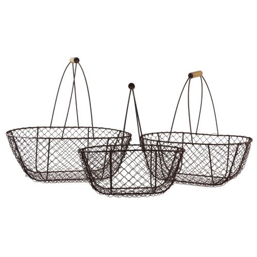 Kosz druciany owalny kosz metalowy z drewnianym uchwytem 30/35,5/40 cm, zestaw 3 szt