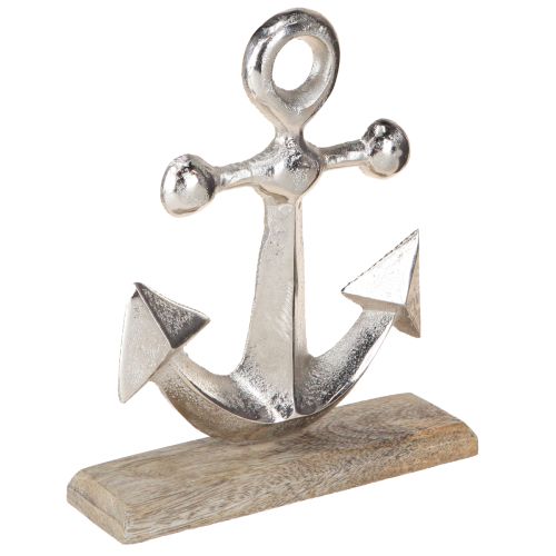 Floristik24 Dekoracja Kotwica Metalowa na Drewnianej Podstawie Srebrny Naturalny H21cm
