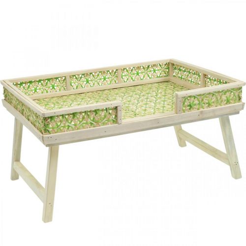 Taca na łóżko wykonana z bambusa, składana taca do serwowania, drewniana taca z plecionym wzorem zielono-naturalne kolory 51,5×37cm