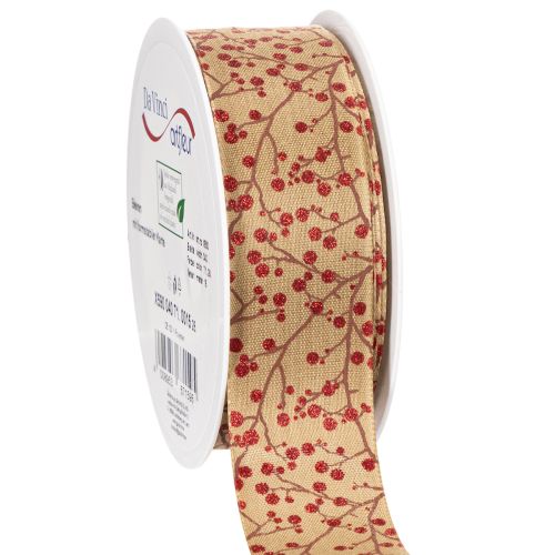 Dekoracyjne gałązki wstążkowe z czerwonymi brokatowymi jagodami, 40mm x 15m