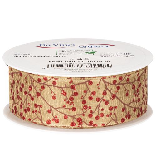 Dekoracyjne gałązki wstążkowe z czerwonymi brokatowymi jagodami, 40mm x 15m | Floristik24.pl