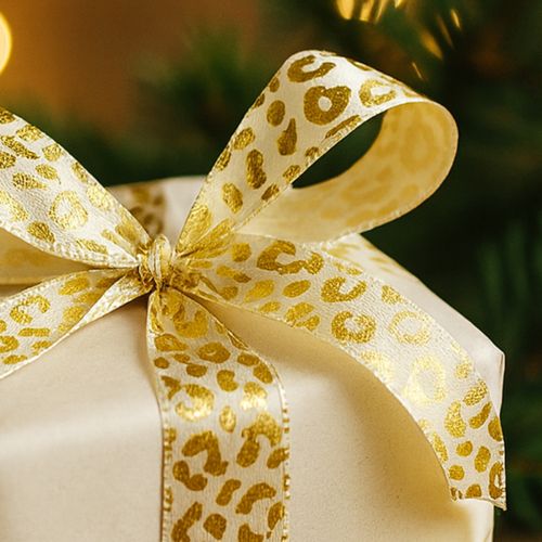 Produkt Wstążka jedwabna z nadrukiem w panterkę, kremowo-złota, 15 mm, 18 m