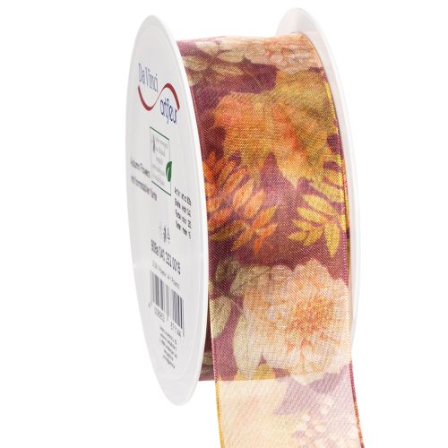 Wstążka prezentowa w jesiennych kolorach, wstążka organzowa z kwiatowym wzorem, 40 mm, 15 m