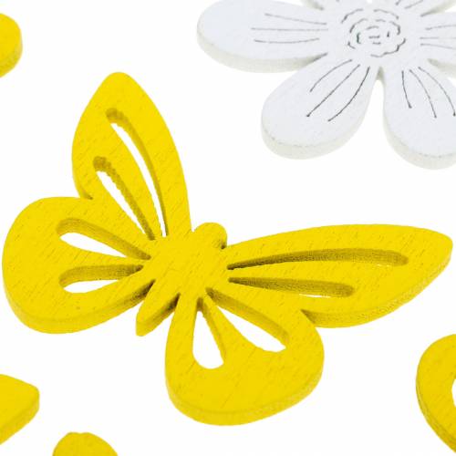 Produkt Kwiaty i motyle do rozsypania żółte, białe dekoracja drewniana do rozsypania wiosna 72szt.