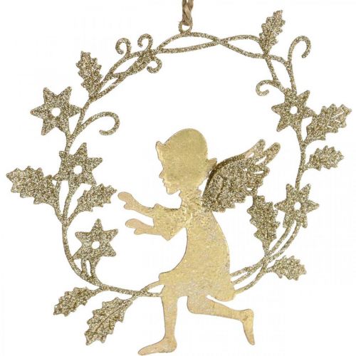 Produkt Anioł Wianek, Dekoracja świąteczna, Wiszący Anioł, Metalowa zawieszka Złota H14cm W15,5