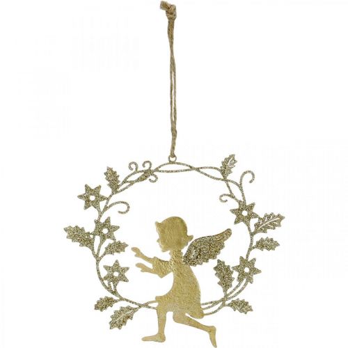 Produkt Anioł Wianek, Dekoracja świąteczna, Wiszący Anioł, Metalowa zawieszka Złota H14cm W15,5