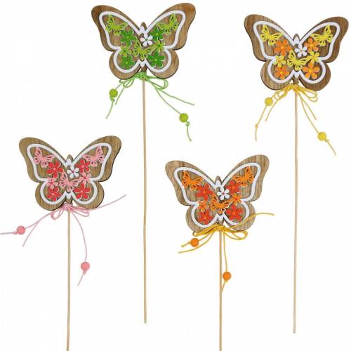 Kwiatek zatyczka motyl drewno wiosna dekoracja na patyku 12szt