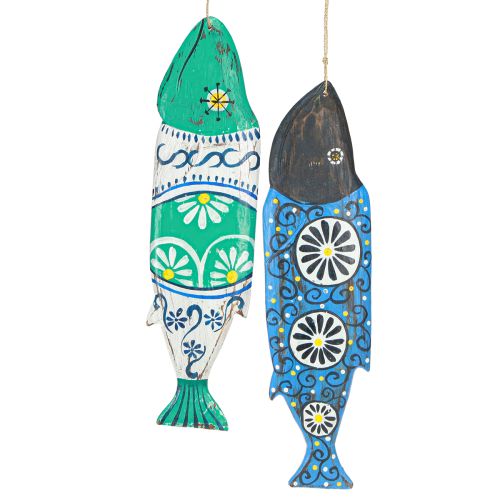 Produkt Kolorowa ryba drewniana ozdoba do zawieszenia niebiesko-zielona 38cm 2 sztuki