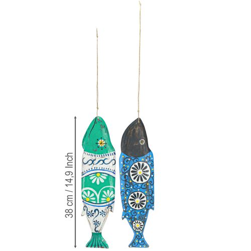 Produkt Kolorowa ryba drewniana ozdoba do zawieszenia niebiesko-zielona 38cm 2 sztuki