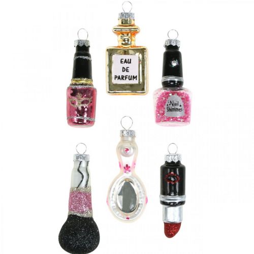 Ozdoba na choinkę Beauty &amp; Glamour, szklana zawieszka mix kosmetyków wys.5,5–7cm prawdziwe szkło 6szt