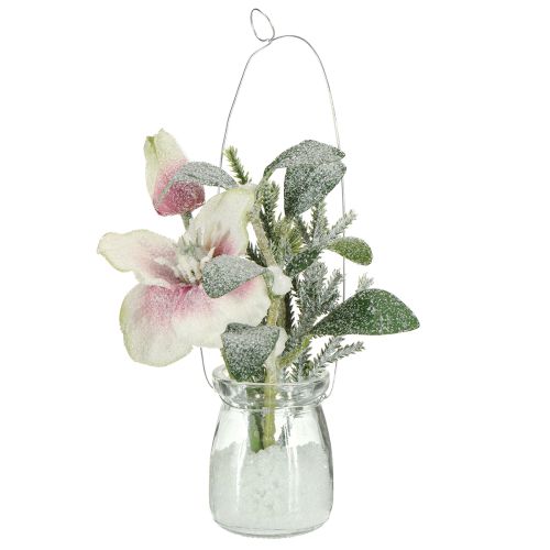 Sztuczna róża świąteczna w szkle, kwiaty sztuczne do zawieszenia, wys. 22 cm