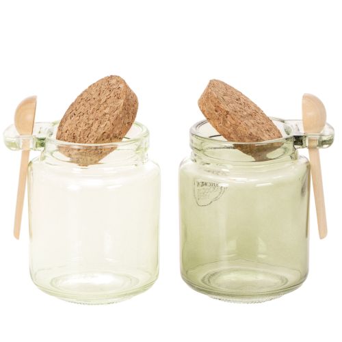 Szklanka dekoracyjna z korkową pokrywką i łyżeczką, zielona, Ø7cm, wys.10cm, 2 sztuki | Floristik24.pl