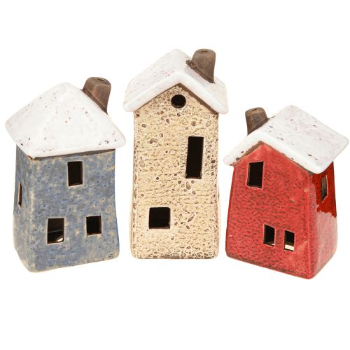 Domek dekoracyjny ceramiczny kremowo-czerwono-szary 10/12/13,5cm 3 sztuki