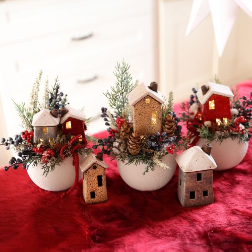 Produkt Domek dekoracyjny ceramiczny kremowo-czerwono-szary 10/12/13,5cm 3 sztuki