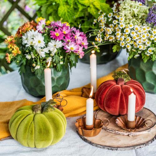 Produkt Dekoracyjna dynia flokowana mix pomarańczowy, zielony, czerwony dekoracja jesienna 16cm 3 szt