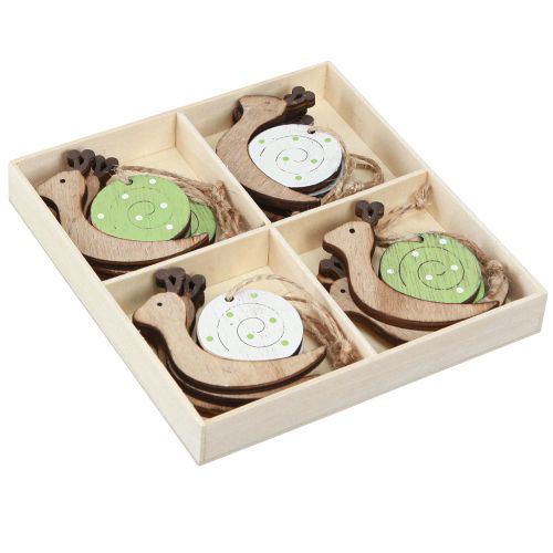 Produkt Dekoracyjna dekoracja z drewna ślimaka do zawieszania w kolorze naturalnej zieleni 6,5 cm 12 sztuk