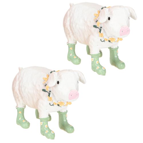 Produkt Dekoracyjna Świnka w Gumowych Butach – Zabawna Figurka Farmera z Wiankiem Kwiatowym 15,5 cm 2 szt.
