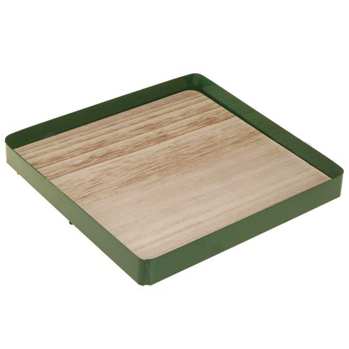Floristik24 Taca dekoracyjna metalowa kwadratowa zielona drewniana podstawa 25,5×25,5 cm