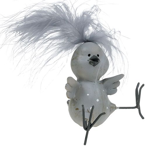 Floristik24 Ptaszek dekoracyjny szary z piórkami w komplecie 8cm 4szt.