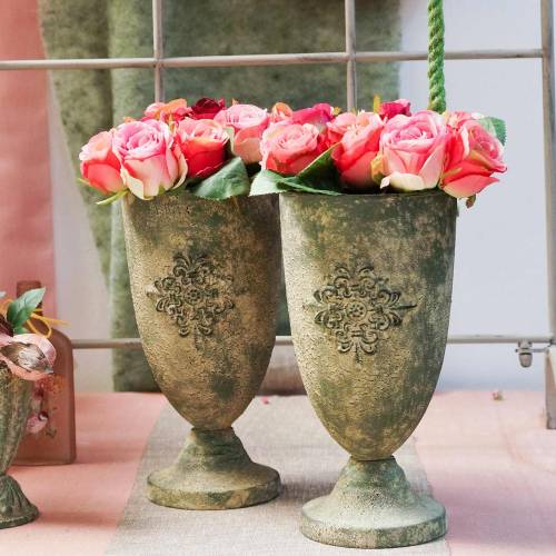 Floristik24 Metalowy puchar dekoracyjny puchar z ornamentem mech zielony, beżowy Ø16cm H31cm